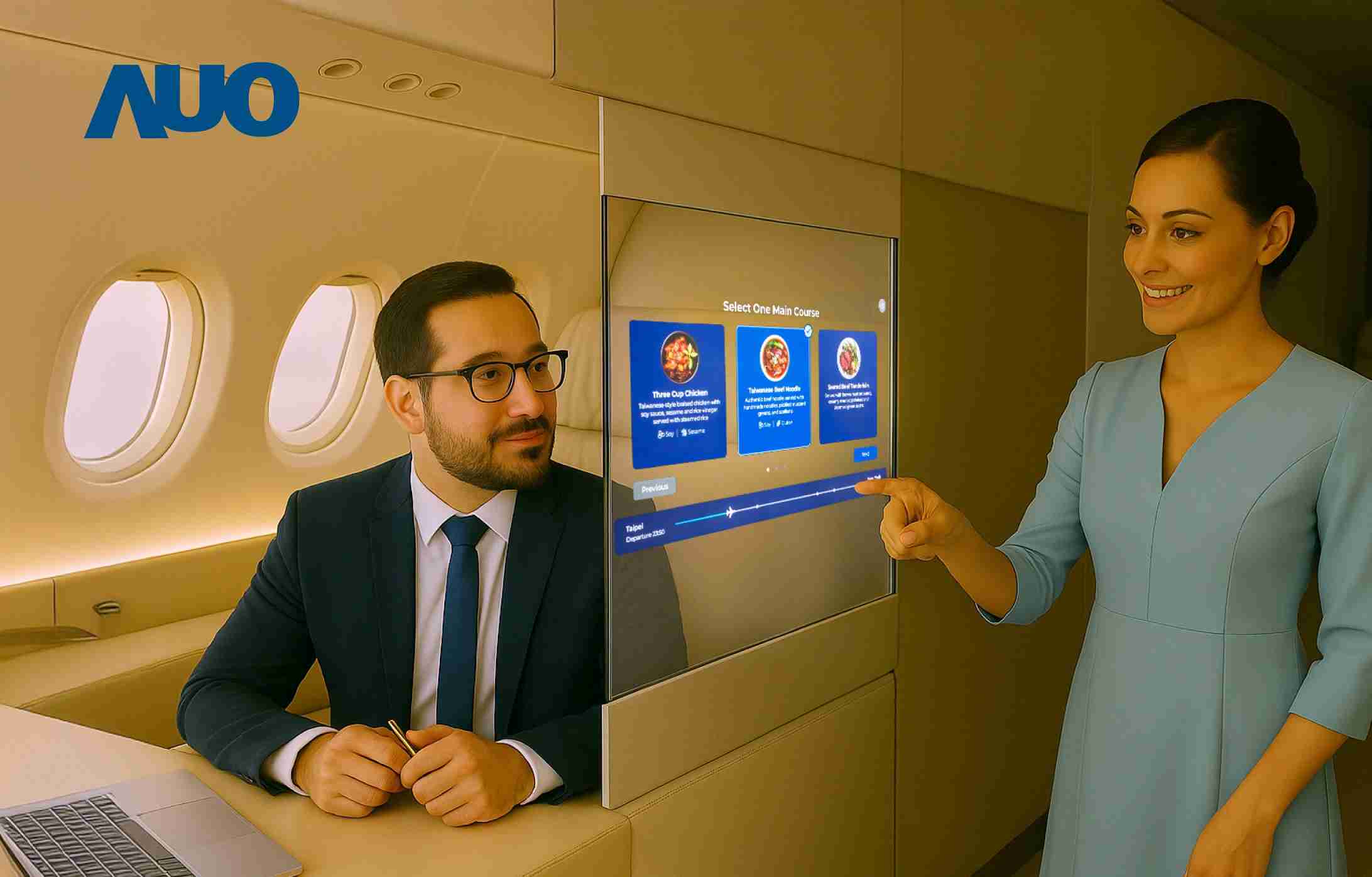 壹号平台研发全球最薄17.3 吋双面透明 Micro LED 显示器，，，可在同一屏幕之双边投射不同信息，，创造独特的”透明化”互动；图为实时翻译交流应用情境